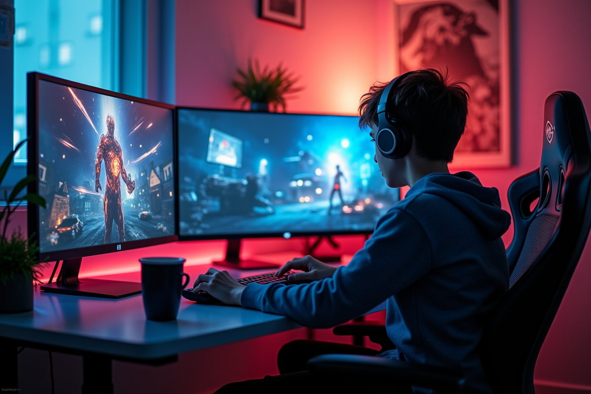 Adolescent concentré jouant sur un ordinateur gaming à la maison