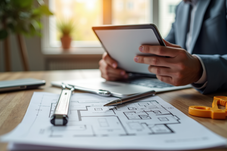Agent immobilier tenant une tablette avec plan détaillé dans un intérieur moderne