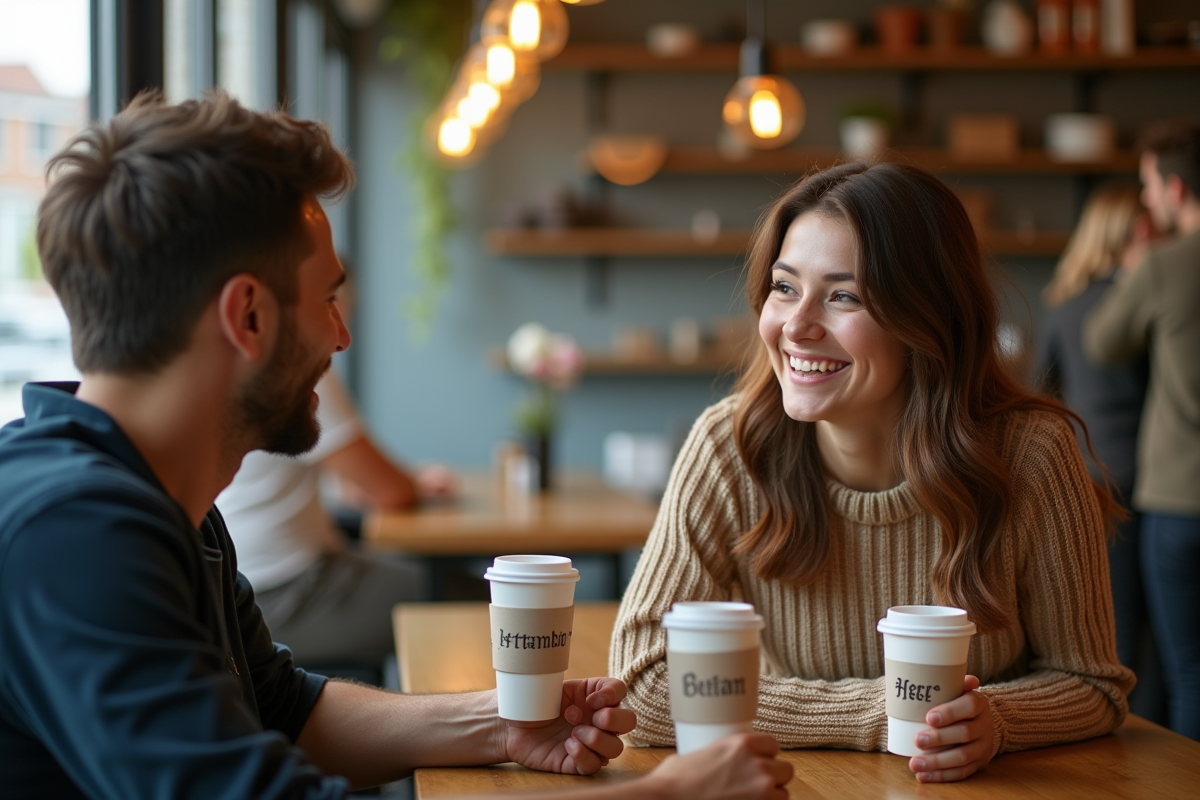 Deux amis discutant avec des tasses de café et mots anglais similaires
