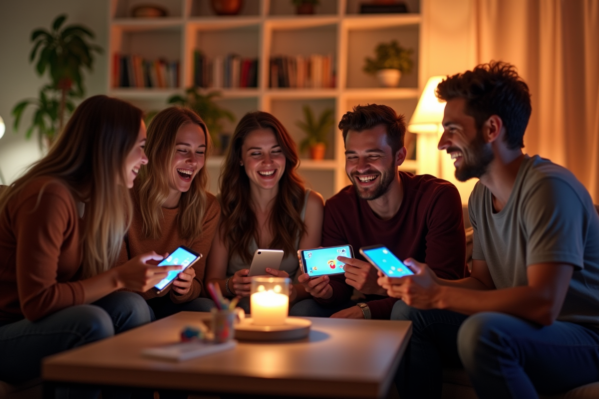 Groupe d amis riant avec leurs smartphones et jeux Google