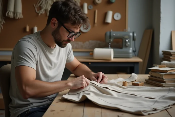 Homme examinant une veste artisanale en laine bio dans un atelier de mode éthique