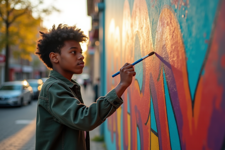 Jeune artiste confiant peignant un mural coloré en ville