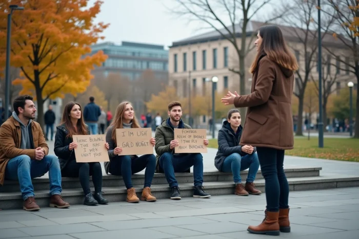 Assemblée citoyenne en plein air dans une place publique discutant de l'organisation sociale et de l'abolition des classes