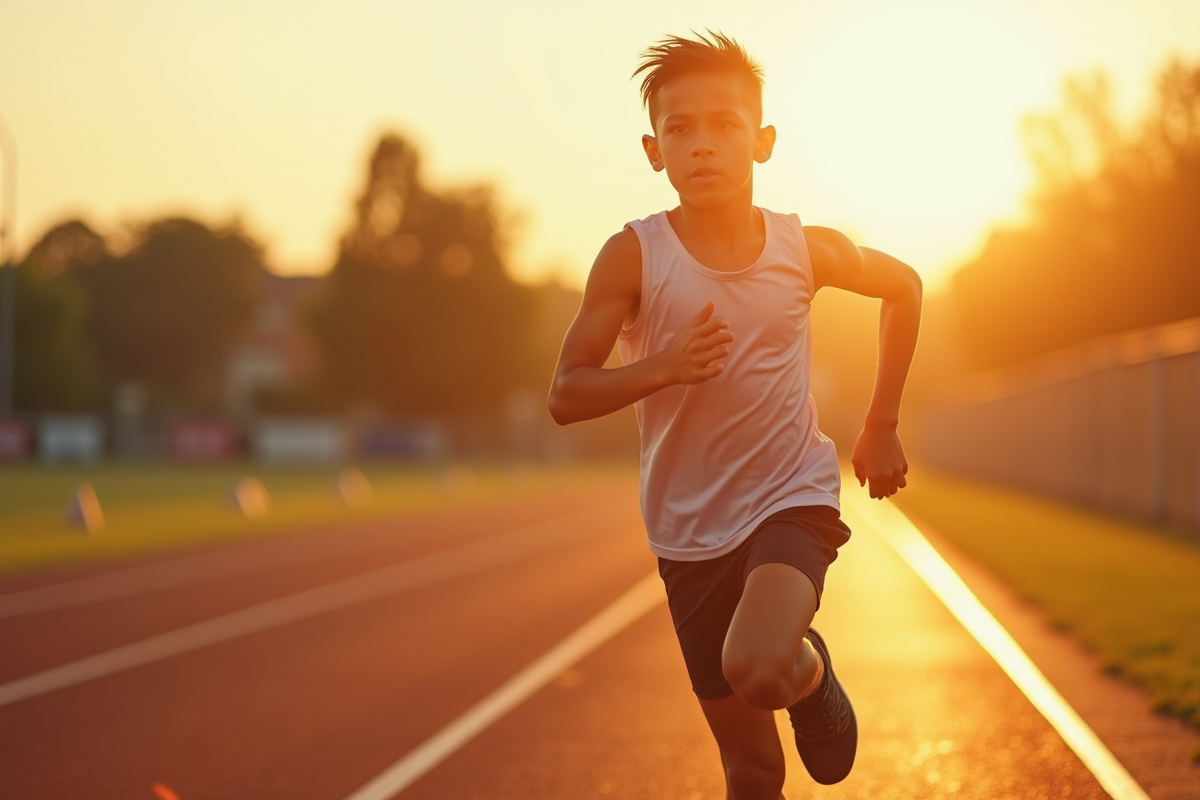 Jeune athlète courant sur une piste en plein air au coucher du soleil