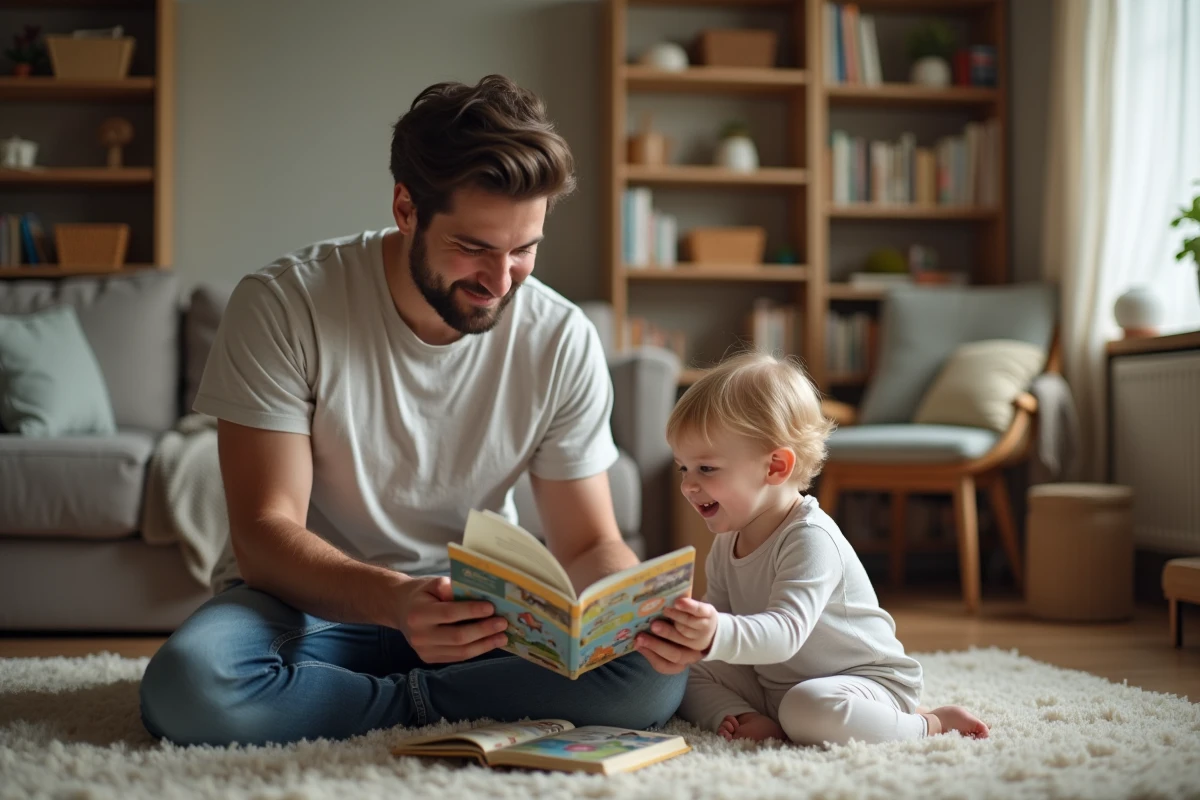 Jeune baby-sitter lisant un livre à un enfant dans le salon