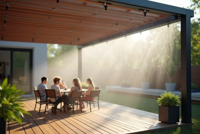 Système de brumisation haute pression automatisée installé sous une pergola en été