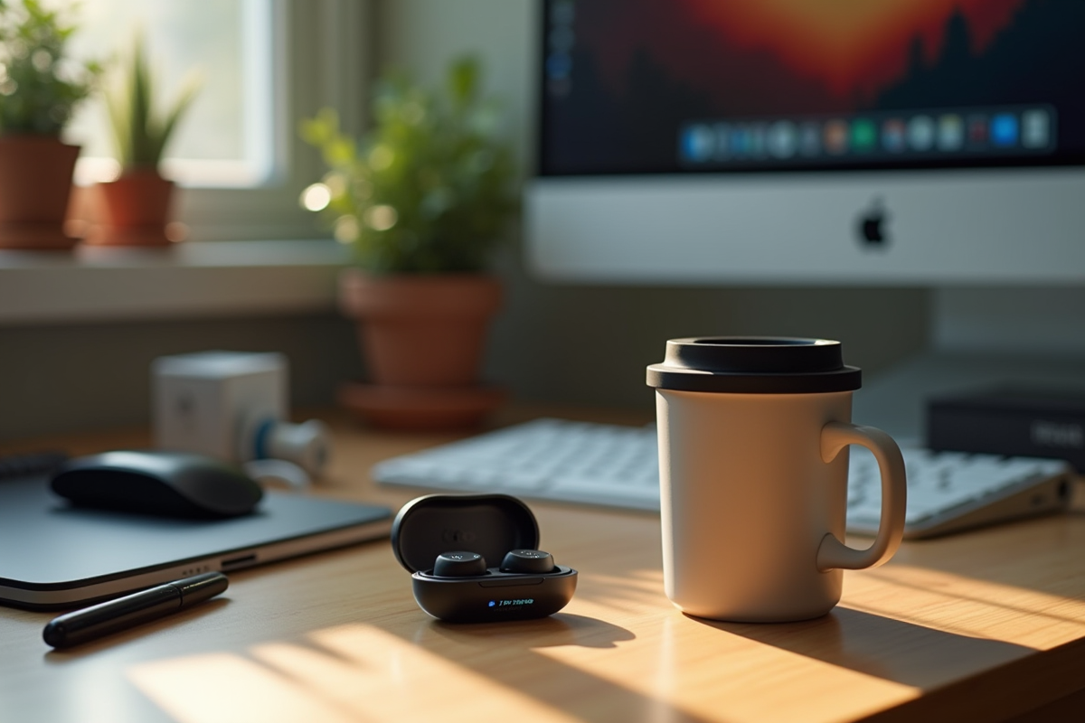 Bureau encombré avec tasse intelligente et montre connectée en lumière naturelle
