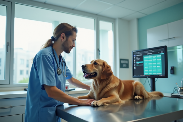 Clinique vétérinaire moderne avec un chien golden retriever