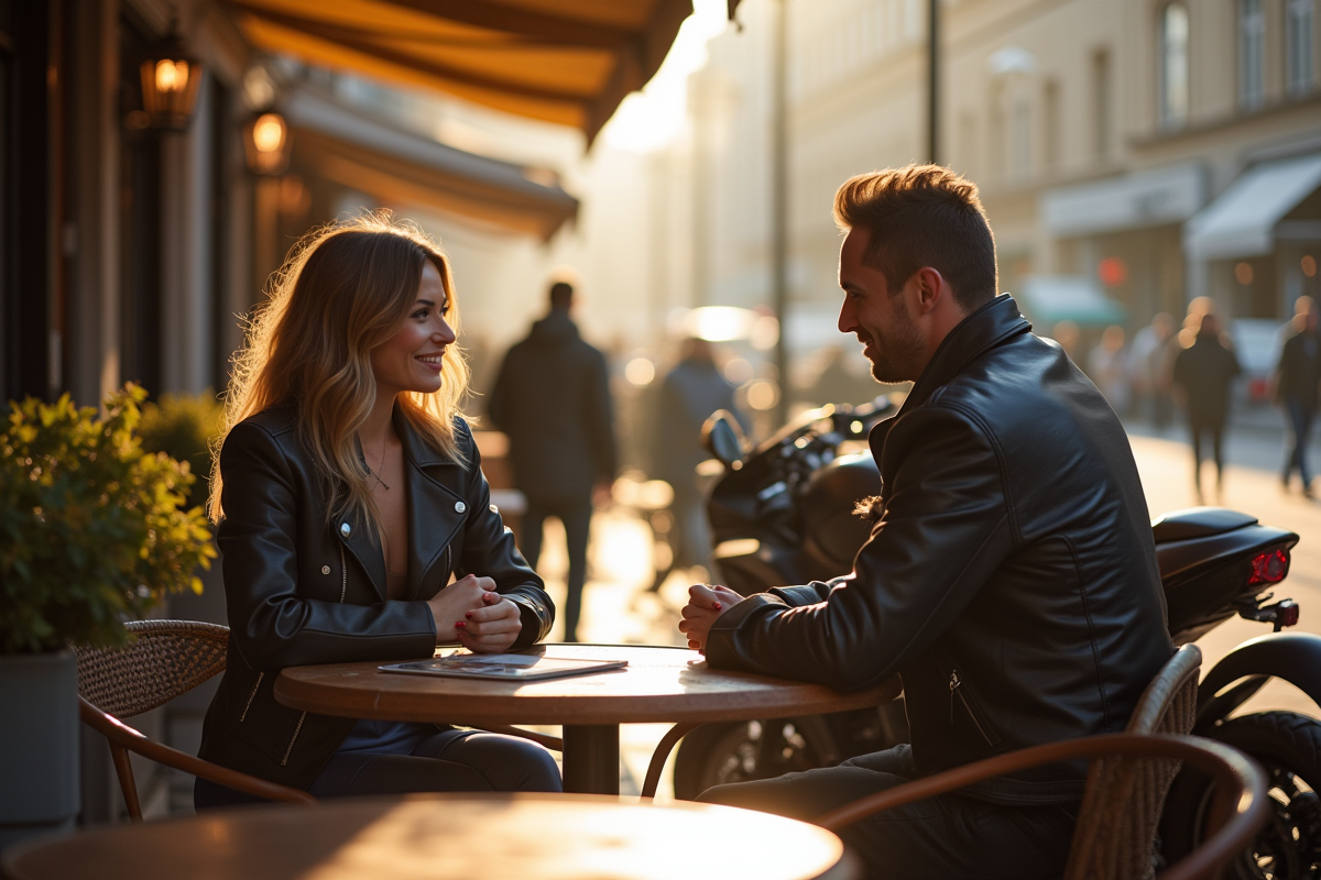 Femme et ami au café avec partenaire en moto au matin