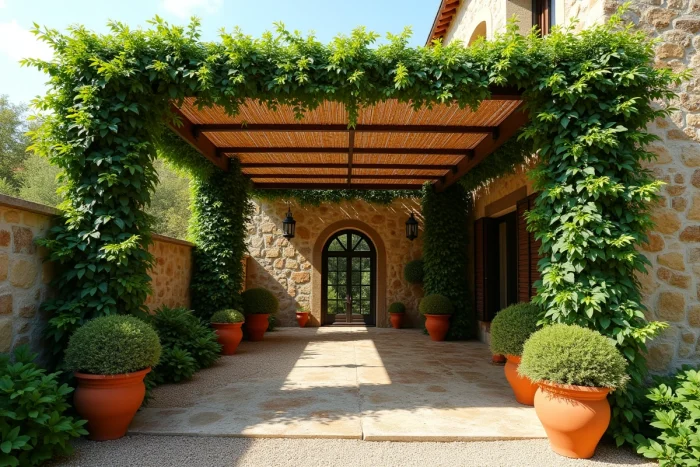 Canisse et végétalisation en sur-toiture d'une pergola polycarbonate pour ombrage naturel