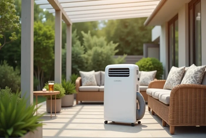 Climatisation réversible portable en appoint sous une pergola polycarbonate sur terrasse