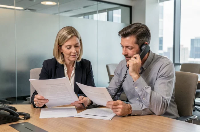 Deux collègues en réunion qui contactent un conseiller par téléphone dans un bureau professionnel