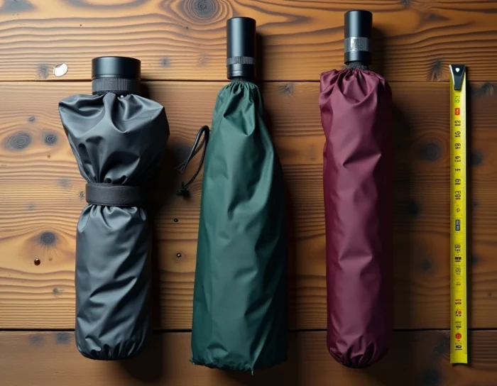 Vue en plongée de trois types de parapluies différents côte à côte sur une table en bois, permettant de comparer les modèles compacts, golf et anti-vent pour bien choisir