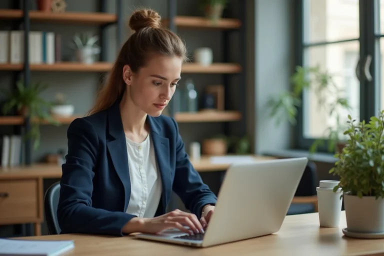 Jeune femme connectée à sa messagerie académique de Paris sur un ordinateur portable dans un bureau moderne