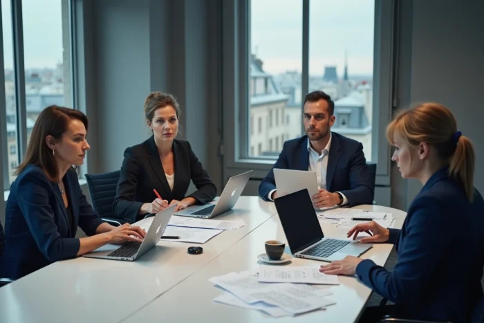Conseillers politiques français en réunion stratégique dans un bureau gouvernemental moderne à Paris