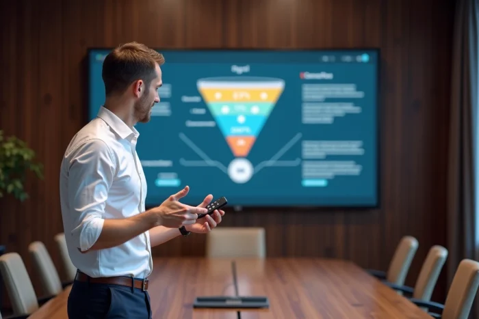Consultant en marketing digital B2B présentant une stratégie de croissance lors d'une réunion en salle de conférence