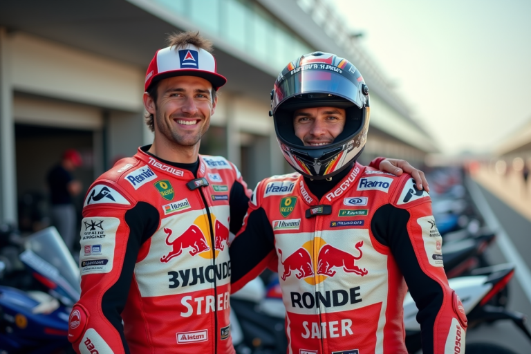 Motocycliste en tenue de course avec partenaire au pit lane