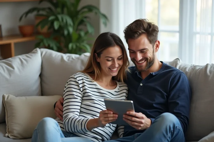 Couple heureux consultant une liste de prénoms originaux sur une tablette dans leur salon