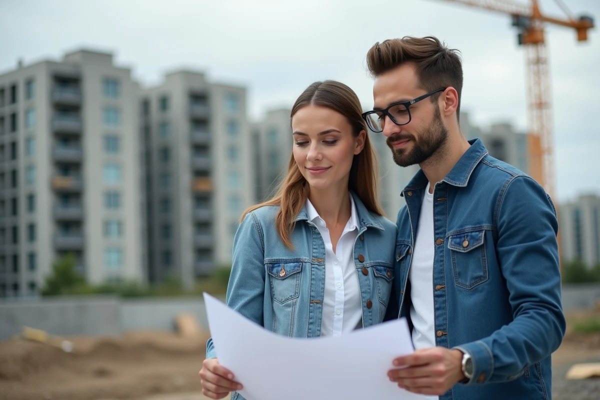 Jeune couple discutant plans de construction