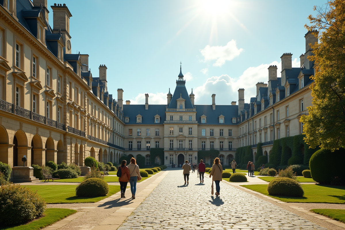 Cour d une universite francaise avec etudiants et bâtiments historiques