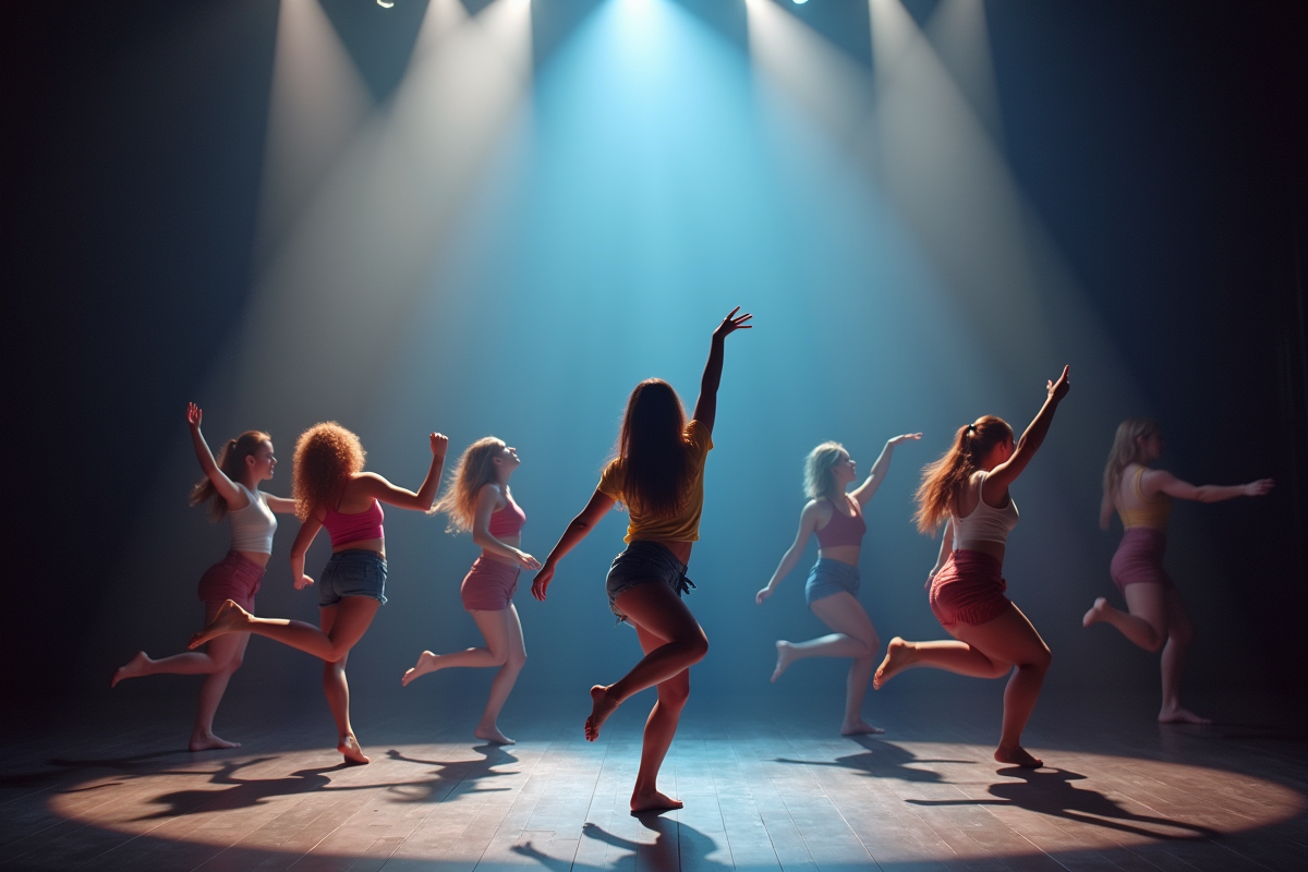 Groupe de danseurs expressifs sur scène lumineuse