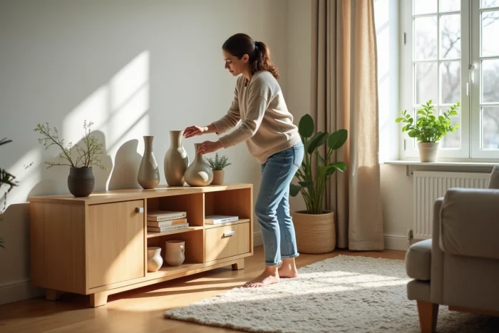 Femme arrangeant des vases en céramique dans un salon lumineux