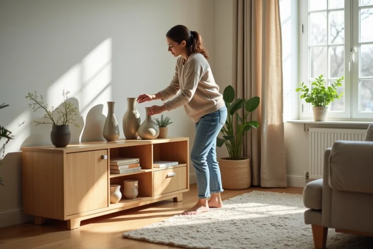 Femme arrangeant des vases en céramique dans un salon lumineux