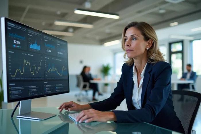 Dirigeante d'entreprise B2B analysant des tableaux de bord digitaux pour optimiser la croissance de son activité
