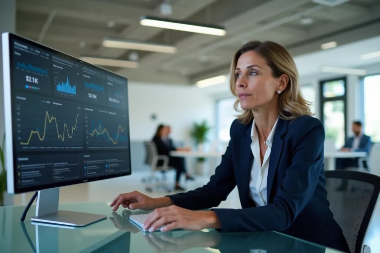Dirigeante d'entreprise B2B analysant des tableaux de bord digitaux pour optimiser la croissance de son activité