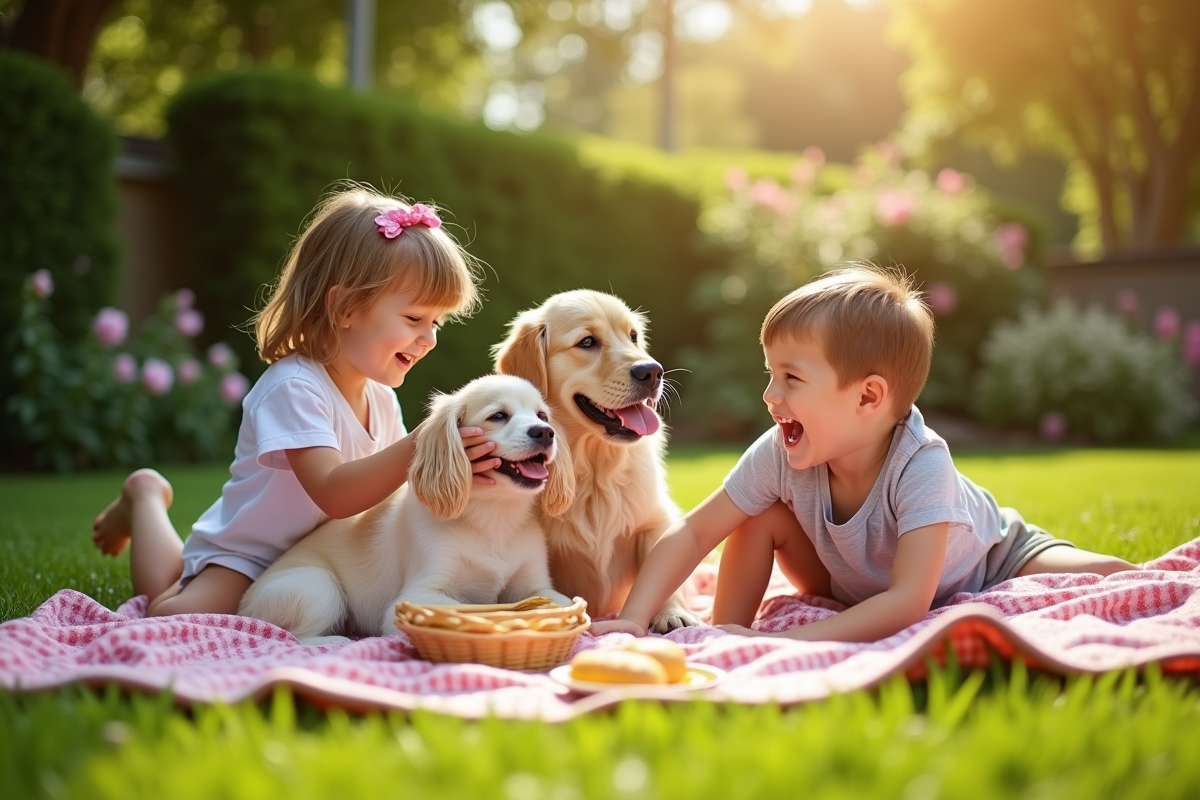 Enfants jouant avec chiens lors d