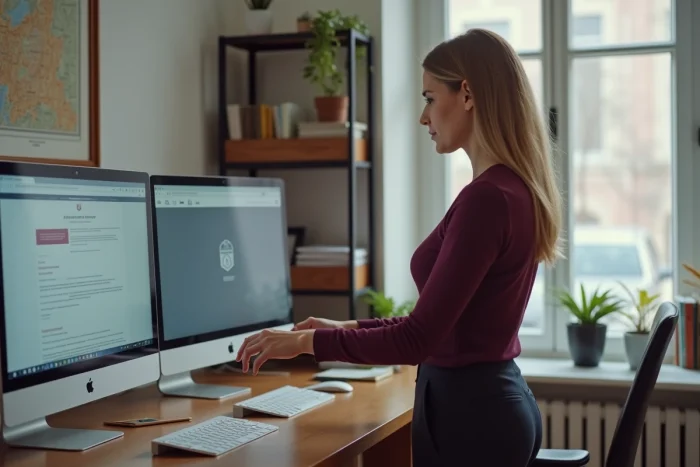 Femme enseignante accédant à la messagerie académique de Paris depuis son bureau à domicile avec un ordinateur fixe