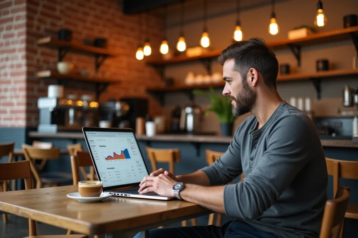 Entrepreneur travaillant sur son portail web professionnel dans un café urbain tendance