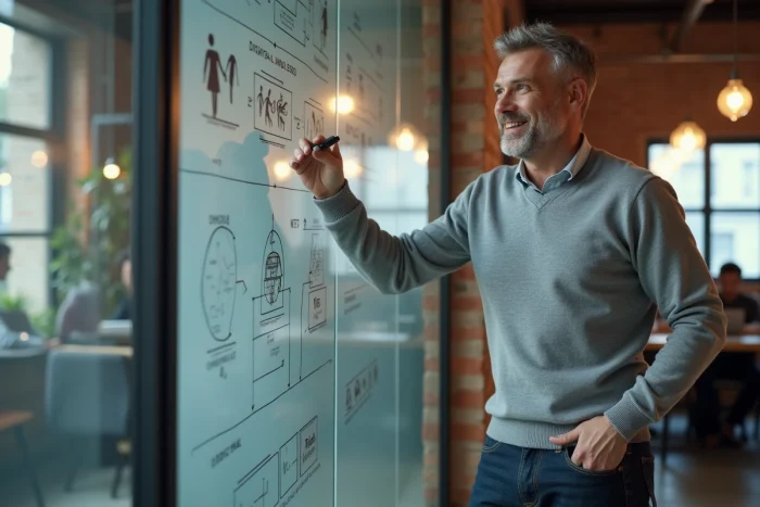 Entrepreneur masculin présentant une stratégie de présence en ligne sur un tableau blanc dans un espace de coworking