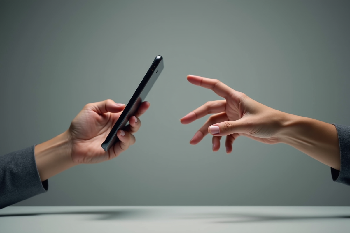 Deux mains atteignent une tablette avec un sticker de prudence