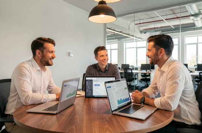 Équipe de professionnels analysant des données de présence en ligne et des tendances web lors d'une réunion collaborative