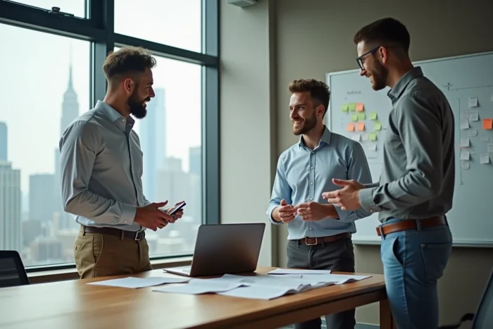 Équipe B2B collaborant sur une stratégie de croissance digitale dans un espace de co-working moderne