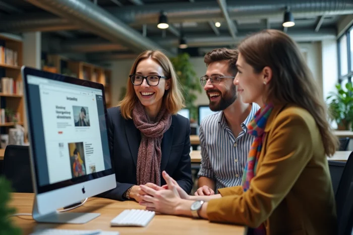 Équipe éditoriale multiculturelle discutant des actualités et tendances culturelles devant un écran dans un bureau moderne
