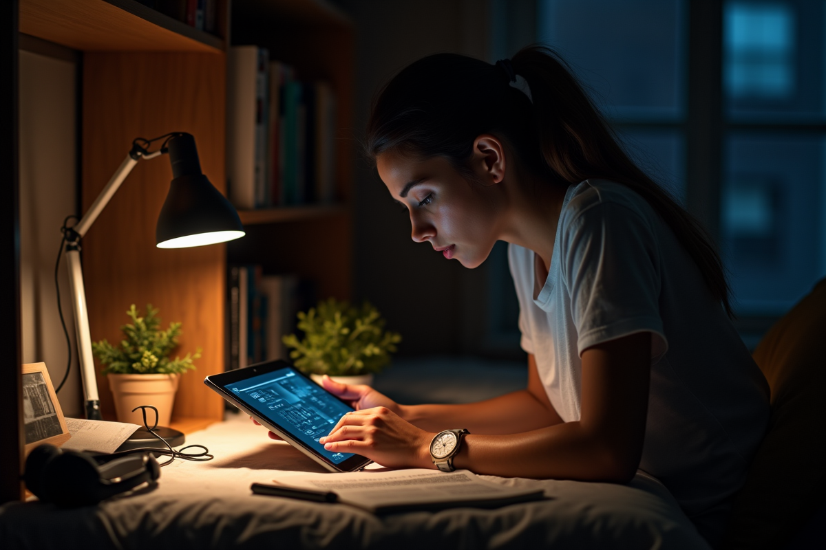 Étudiant concentré sur tablette dans une chambre nocturne