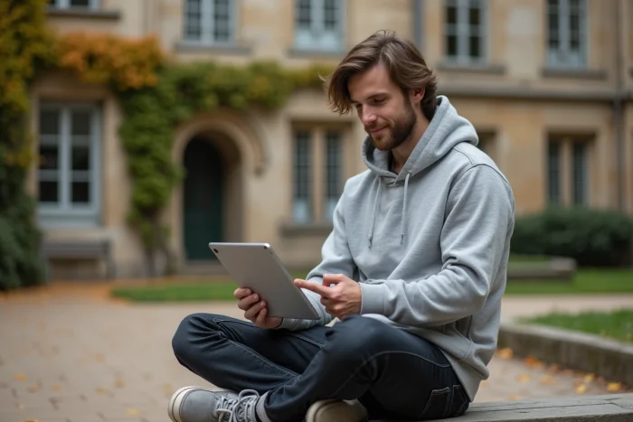 Étudiant consultant la messagerie académique de Paris sur une tablette dans une cour d'université parisienne
