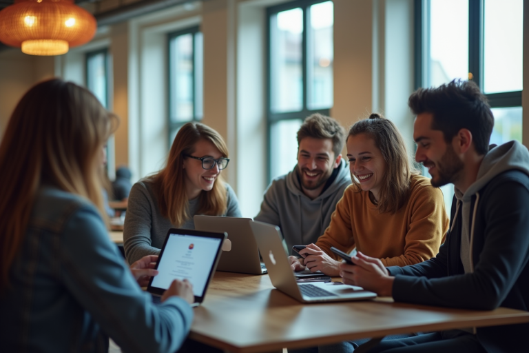 Groupe d'étudiants divers dans un campus numérique lumineux
