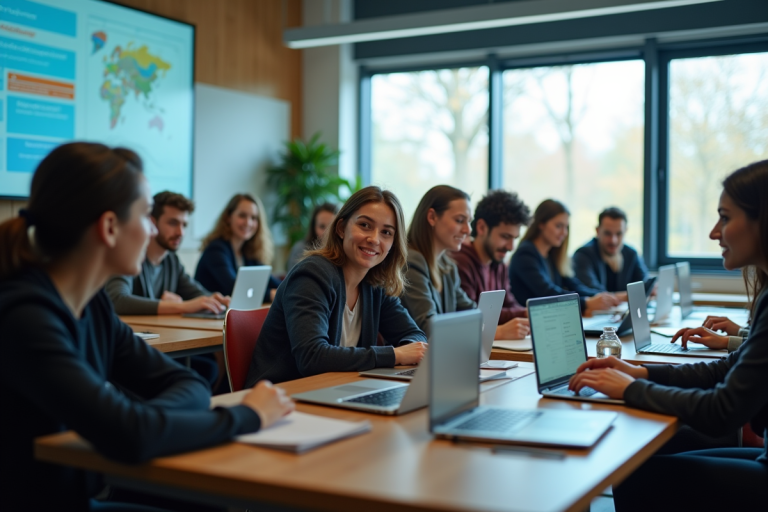 Groupe d'étudiants en classe moderne avec ordinateurs