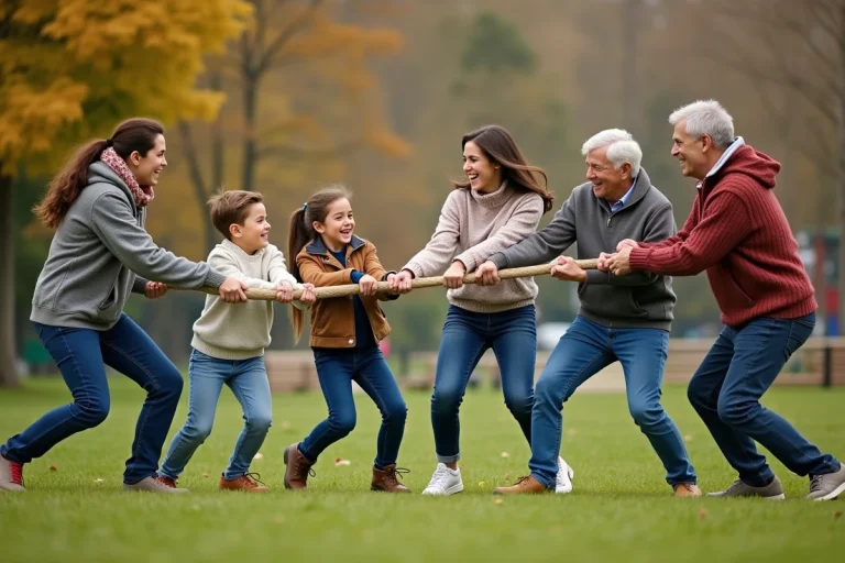 Famille multigenerational jouant au tir à la corde dans un parc