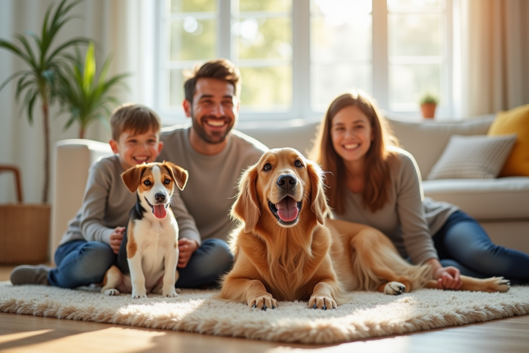 Famille heureuse dans un salon moderne avec chiens