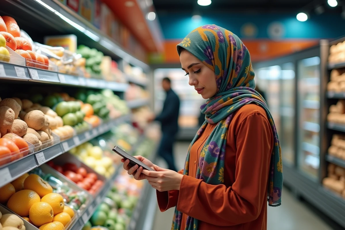 Jeune femme musulmane vérifiant étiquettes dans un supermarché
