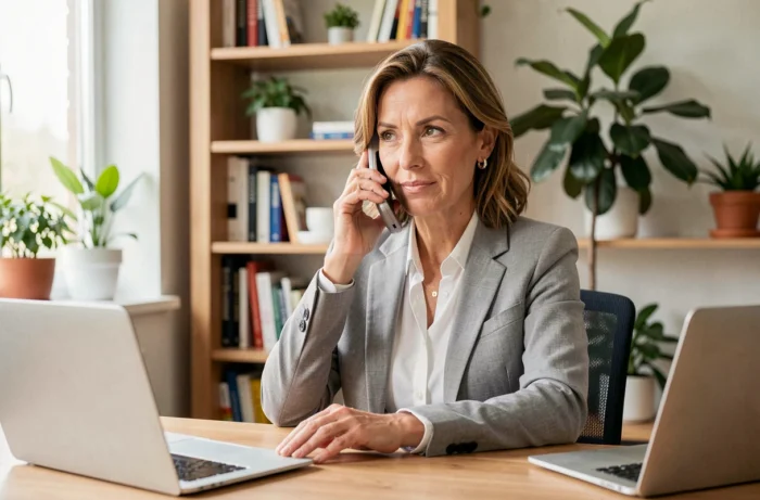 Femme professionnelle passant un appel téléphonique à un conseiller depuis son bureau à domicile