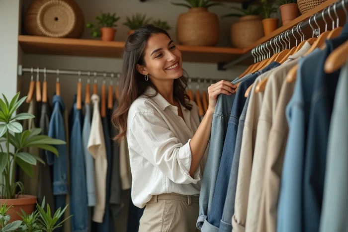 Femme parcourant un portant de vêtements éthiques dans une boutique vintage durable et chaleureuse