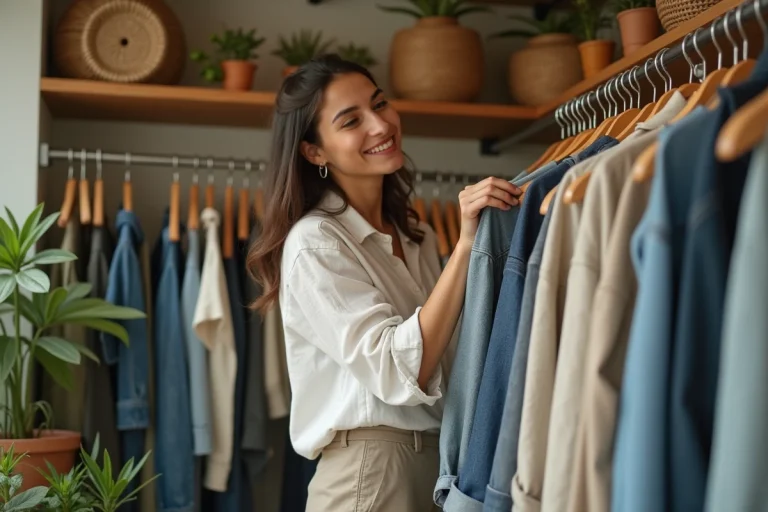 Femme parcourant un portant de vêtements éthiques dans une boutique vintage durable et chaleureuse