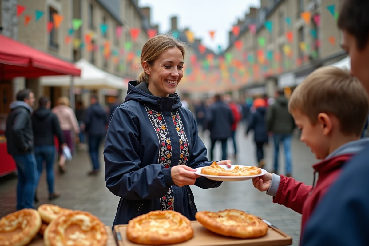 Jeune femme bretonne sert des galettes lors d