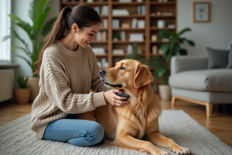 Femme jeune caressant un golden retriever dans un salon chaleureux