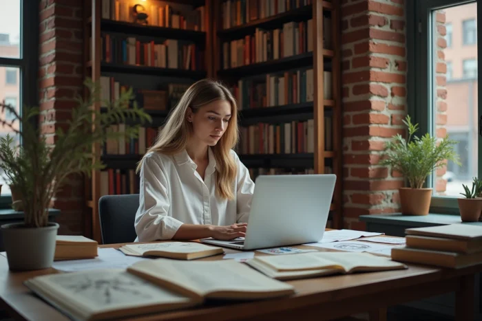 Jeune femme étudiant la théorie des dimensions et la 5e dimension à son bureau entouré de livres de physique quantique